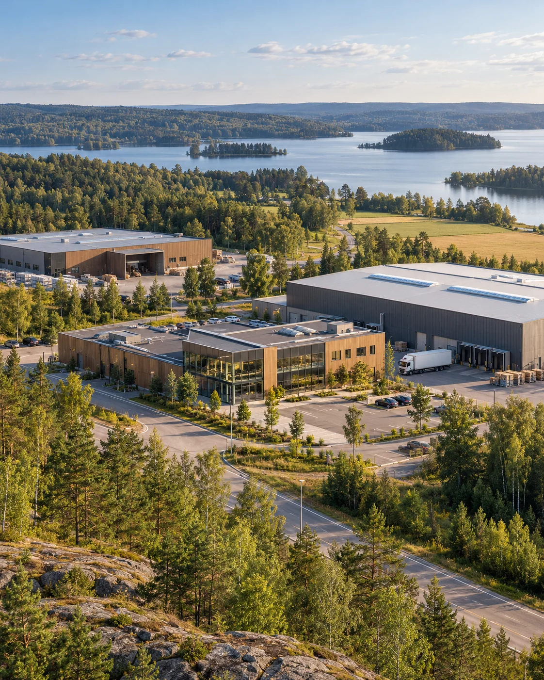 Illustration av svensk tillverkning och handel med företagsbyggnader, skog och sjö